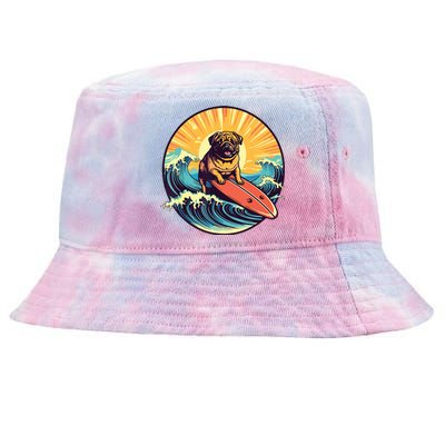 Cute Pug Dog Surfing Japanese Great Waves Surf Board Sunset Tie-Dyed Bucket Hat