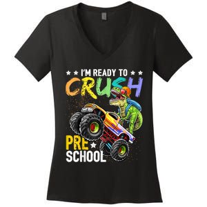 Crush Preschool Dinosaur Monster Truck Back To School Boy Women's V-Neck T-Shirt