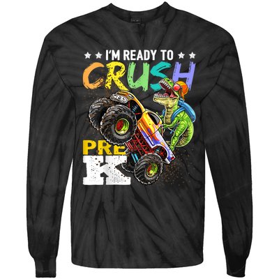 Crush PreK Dinosaur Monster Truck Back To School Boy Gifts Tie-Dye Long Sleeve Shirt