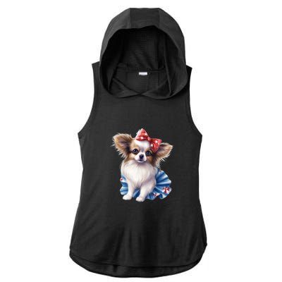 Cute Papillon Dog Puppy USA Flag American Dogs 4th Of July Ladies PosiCharge Tri-Blend Wicking Draft Hoodie Tank