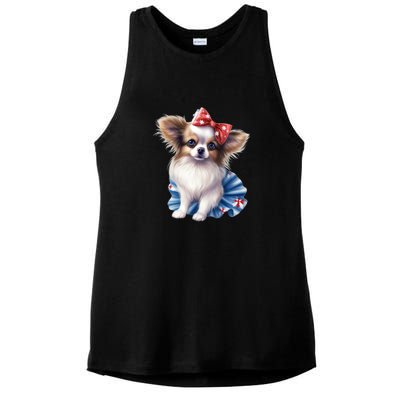 Cute Papillon Dog Puppy USA Flag American Dogs 4th Of July Ladies PosiCharge Tri-Blend Wicking Tank