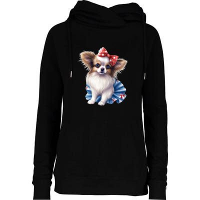 Cute Papillon Dog Puppy USA Flag American Dogs 4th Of July Womens Funnel Neck Pullover Hood