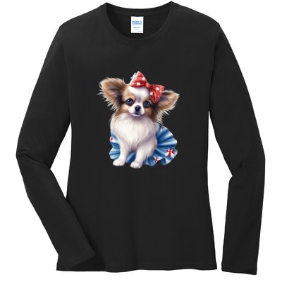 Cute Papillon Dog Puppy USA Flag American Dogs 4th Of July Ladies Long Sleeve Shirt