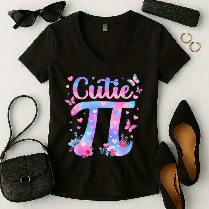 Cutie Pi Day Toddler Math Teacher Student Butterfly Pi 3.14 Women's V-Neck T-Shirt