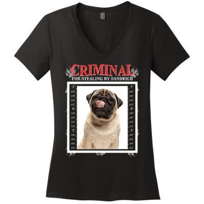 Custom Photo Dog Criminal For Stealing My Sandwich Women's V-Neck T-Shirt
