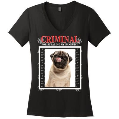 Custom Photo Dog Criminal For Stealing My Sandwich Women's V-Neck T-Shirt