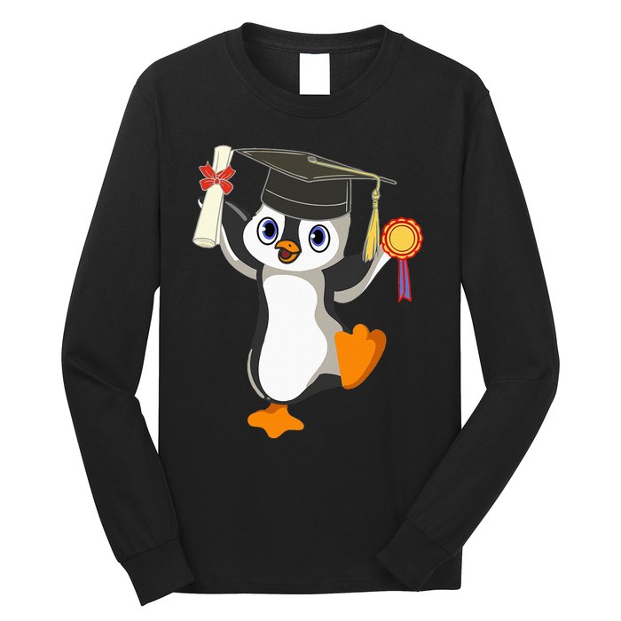 Cute Penguin Dancing Graduation Cap Certificate Fun Graduate Long Sleeve Shirt