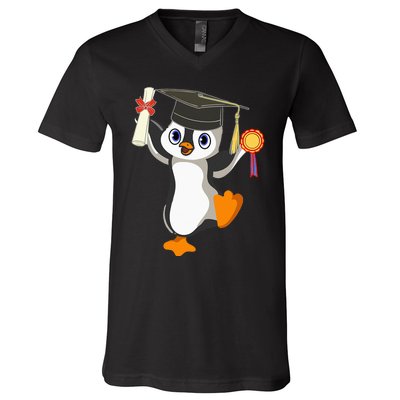 Cute Penguin Dancing Graduation Cap Certificate Fun Graduate V-Neck T-Shirt