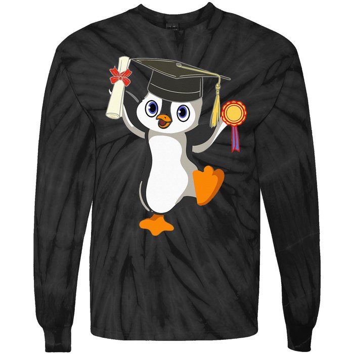 Cute Penguin Dancing Graduation Cap Certificate Fun Graduate Tie-Dye Long Sleeve Shirt