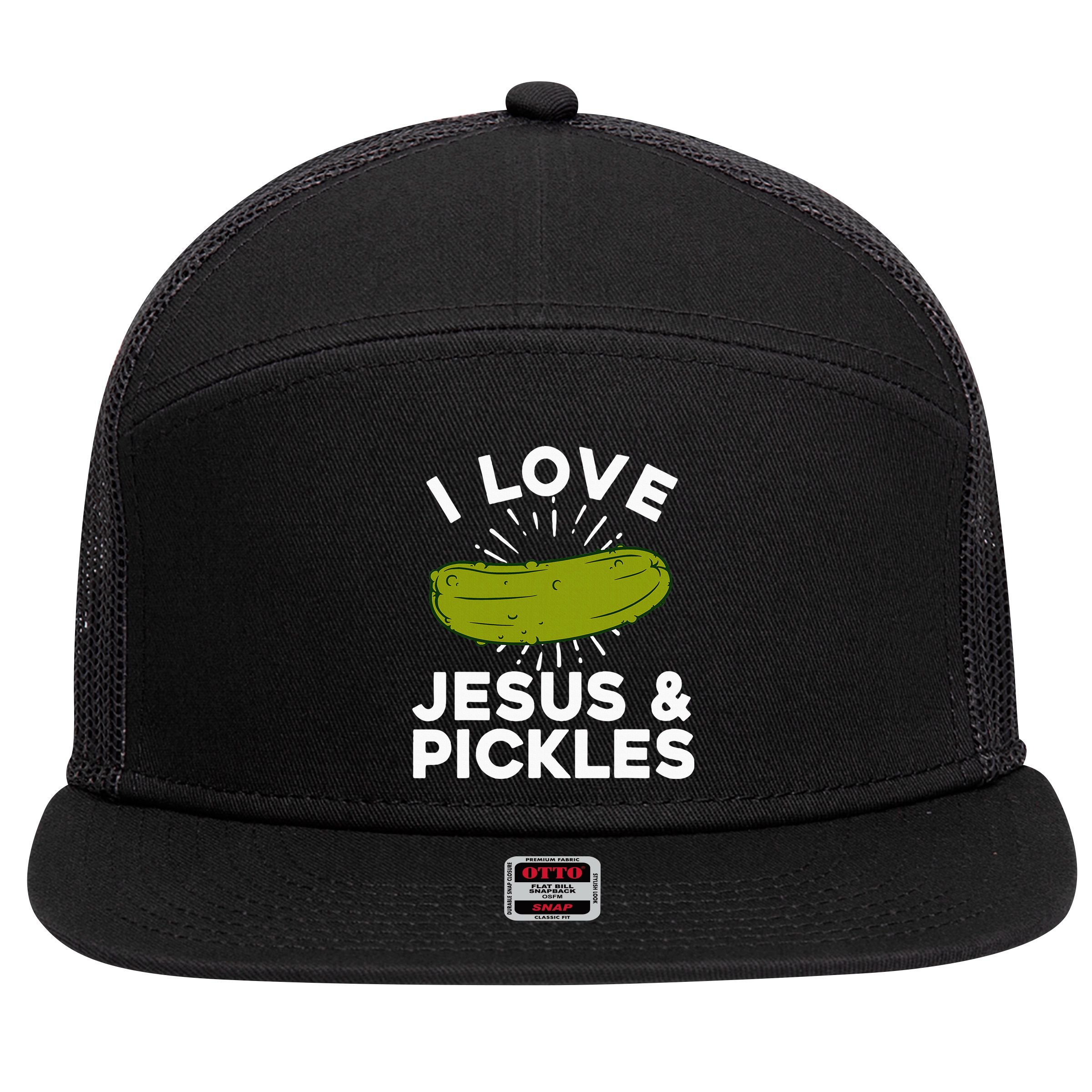 Cute Pickle Design Jesus Pickle Lovers 7 Panel Mesh Trucker Snapback Hat