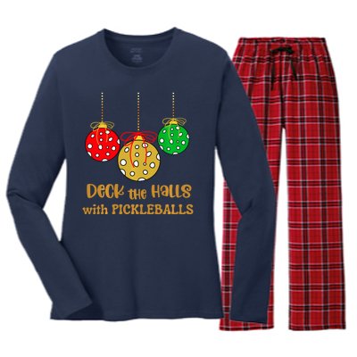 Christmas Pickleball Deck The Halls With Pickleballs Women's Long Sleeve Flannel Pajama Set 