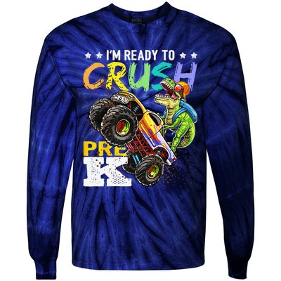 Crush PreK Dinosaur Monster Truck Back To School Gifts Tie-Dye Long Sleeve Shirt