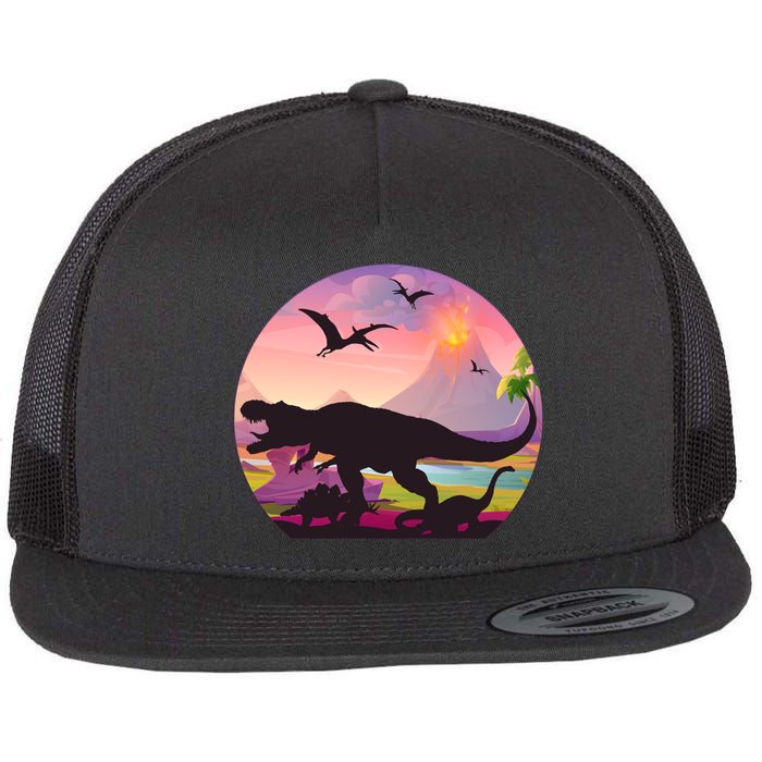 Cool Prehistoric Dinosaur Land Flat Bill Trucker Hat