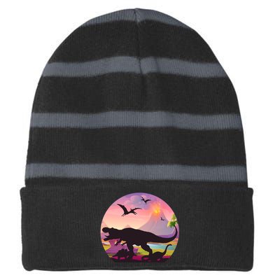 Cool Prehistoric Dinosaur Land Striped Beanie with Solid Band