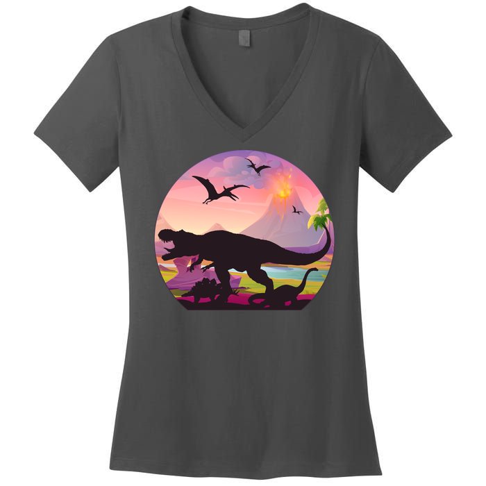 Cool Prehistoric Dinosaur Land Women's V-Neck T-Shirt