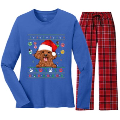 Cute Poodle Dog Xmas Santa Funny Ugly Christmas Gift Women's Long Sleeve Flannel Pajama Set 