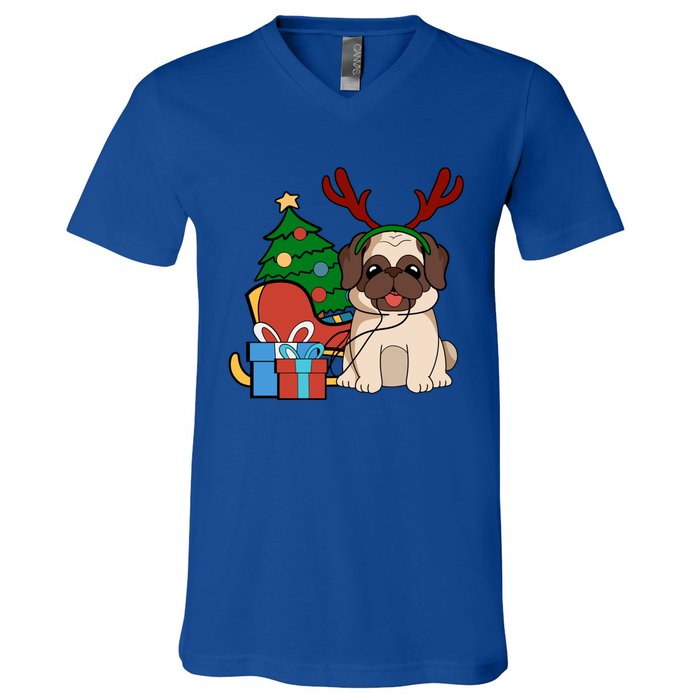 Cute Pug Dog Santa Reindeer Christmas Gift Christmas Trees Meaningful Gift V-Neck T-Shirt