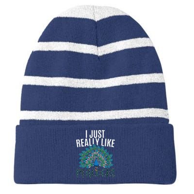 Cool Peacock Design For Men Women Bird Peacock Lovers Striped Beanie with Solid Band