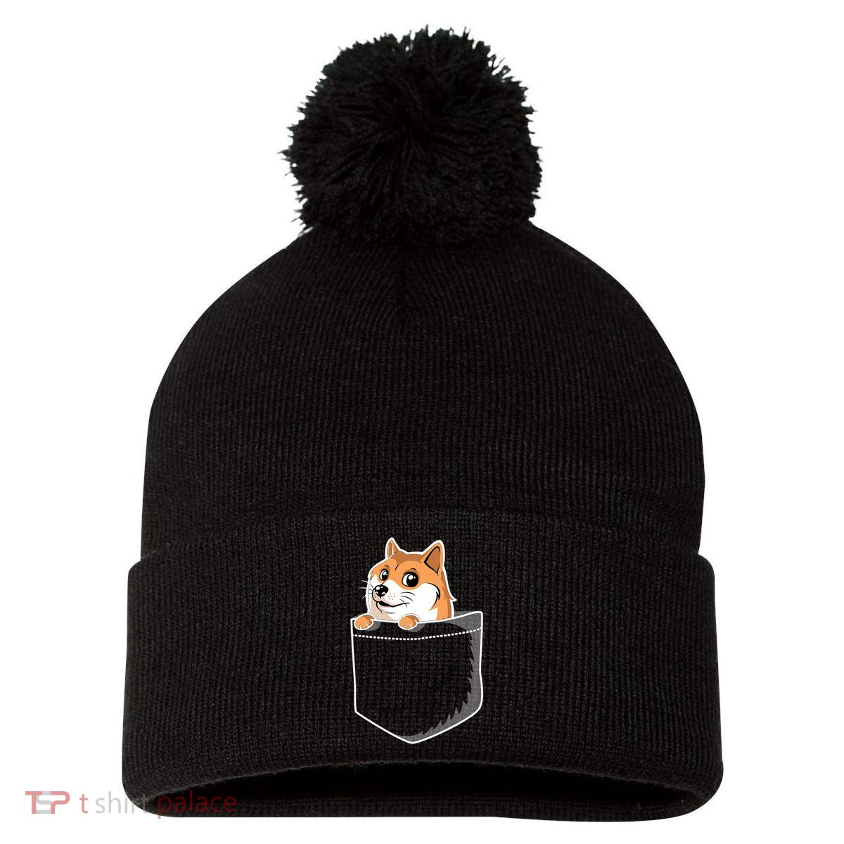 Cute Pocket Dog Design Pom Pom 12in Knit Beanie