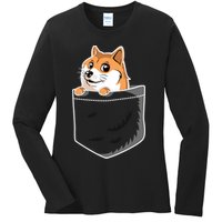 Cute Pocket Dog Design Ladies Long Sleeve Shirt