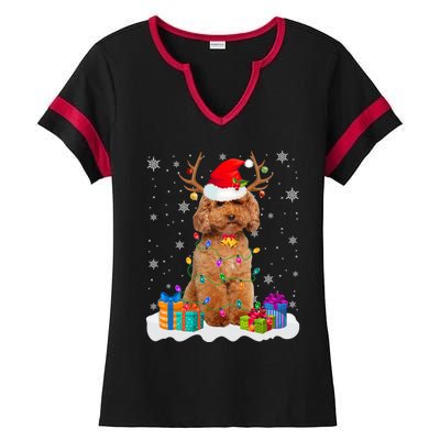 Cute Poodle Dog Christmas Lights Santa Hat Xmas Holidays Gift Ladies Halftime Notch Neck Tee