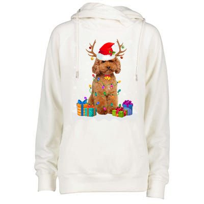 Cute Poodle Dog Christmas Lights Santa Hat Xmas Holidays Gift Womens Funnel Neck Pullover Hood