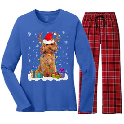 Cute Poodle Dog Christmas Lights Santa Hat Xmas Holidays Gift Women's Long Sleeve Flannel Pajama Set 