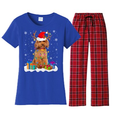 Cute Poodle Dog Christmas Lights Santa Hat Xmas Holidays Gift Women's Flannel Pajama Set