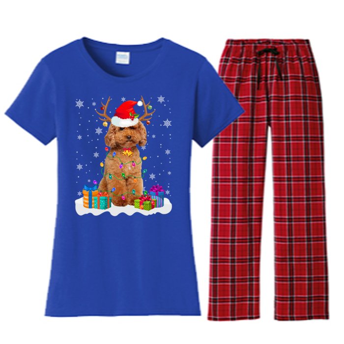 Cute Poodle Dog Christmas Lights Santa Hat Xmas Holidays Gift Women's Flannel Pajama Set