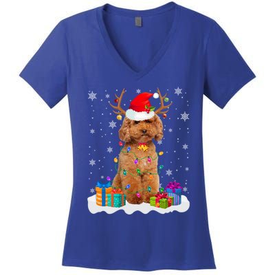 Cute Poodle Dog Christmas Lights Santa Hat Xmas Holidays Gift Women's V-Neck T-Shirt