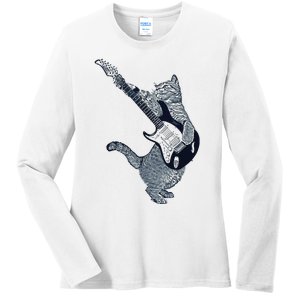 Cat Playing Electric Guitar Guitar Player Cat Lover Ladies Long Sleeve Shirt