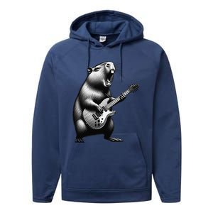 Capybara Playing Electric Guitar. Funny Capybaras Lover Performance Fleece Hoodie