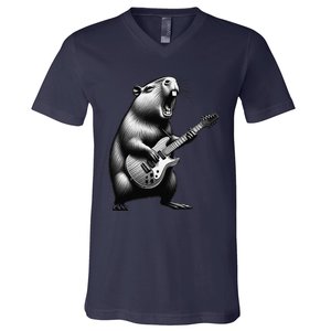 Capybara Playing Electric Guitar. Funny Capybaras Lover V-Neck T-Shirt