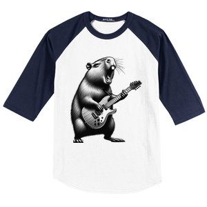 Capybara Playing Electric Guitar. Funny Capybaras Lover Baseball Sleeve Shirt