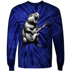 Capybara Playing Electric Guitar. Funny Capybaras Lover Tie-Dye Long Sleeve Shirt