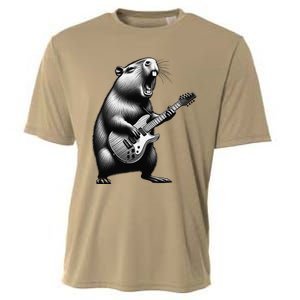 Capybara Playing Electric Guitar. Funny Capybaras Lover Cooling Performance Crew T-Shirt