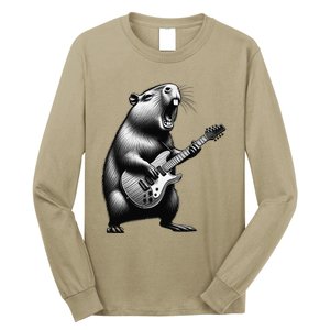 Capybara Playing Electric Guitar. Funny Capybaras Lover Long Sleeve Shirt