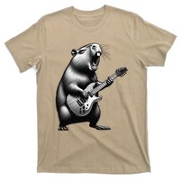 Capybara Playing Electric Guitar. Funny Capybaras Lover T-Shirt