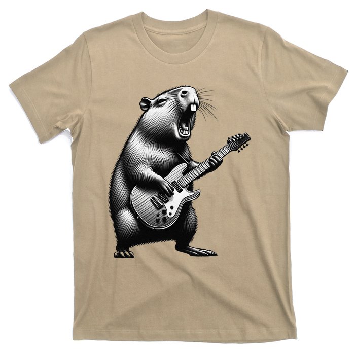 Capybara Playing Electric Guitar. Funny Capybaras Lover T-Shirt