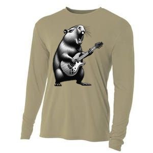 Capybara Playing Electric Guitar. Funny Capybaras Lover Cooling Performance Long Sleeve Crew