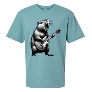 Capybara Playing Electric Guitar. Funny Capybaras Lover Sueded Cloud Jersey T-Shirt