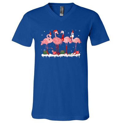 Christmas Pink Flamingo Santa Hat Xmas Lights Pjs Cool Gift V-Neck T-Shirt