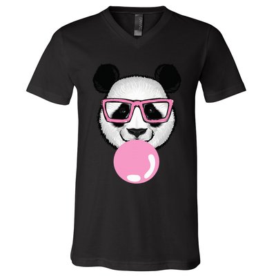 Cool Panda Face Eating Gum And Makes A Bubble  V-Neck T-Shirt