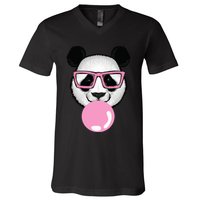 Cool Panda Face Eating Gum And Makes A Bubble  V-Neck T-Shirt