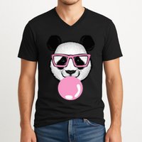Cool Panda Face Eating Gum And Makes A Bubble  V-Neck T-Shirt