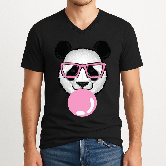Cool Panda Face Eating Gum And Makes A Bubble  V-Neck T-Shirt