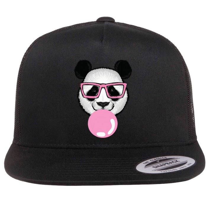 Cool Panda Face Eating Gum And Makes A Bubble  Flat Bill Trucker Hat