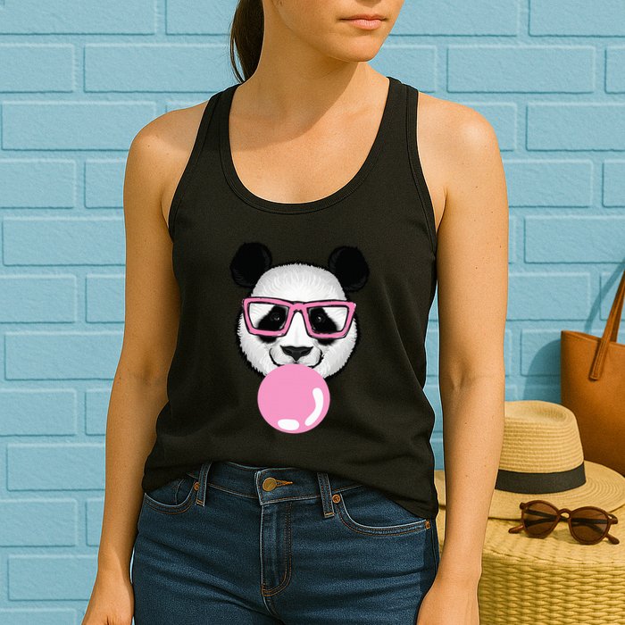 Cool Panda Face Eating Gum And Makes A Bubble  Womens Tank Top