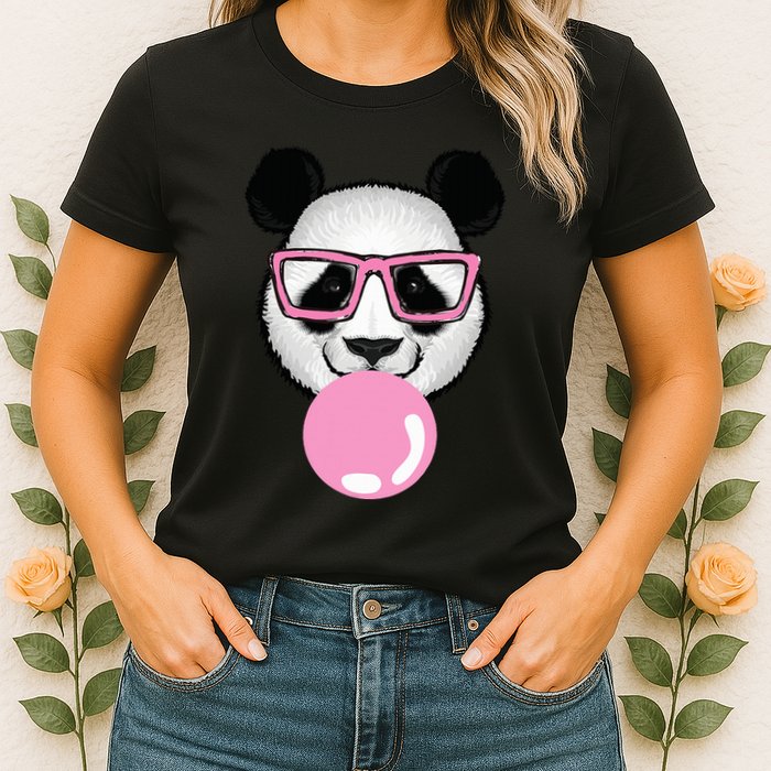 Cool Panda Face Eating Gum And Makes A Bubble  Womens T-Shirt