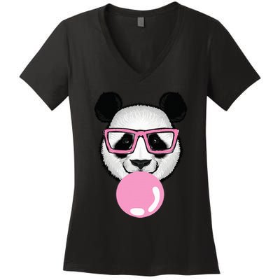 Cool Panda Face Eating Gum And Makes A Bubble  Women's V-Neck T-Shirt